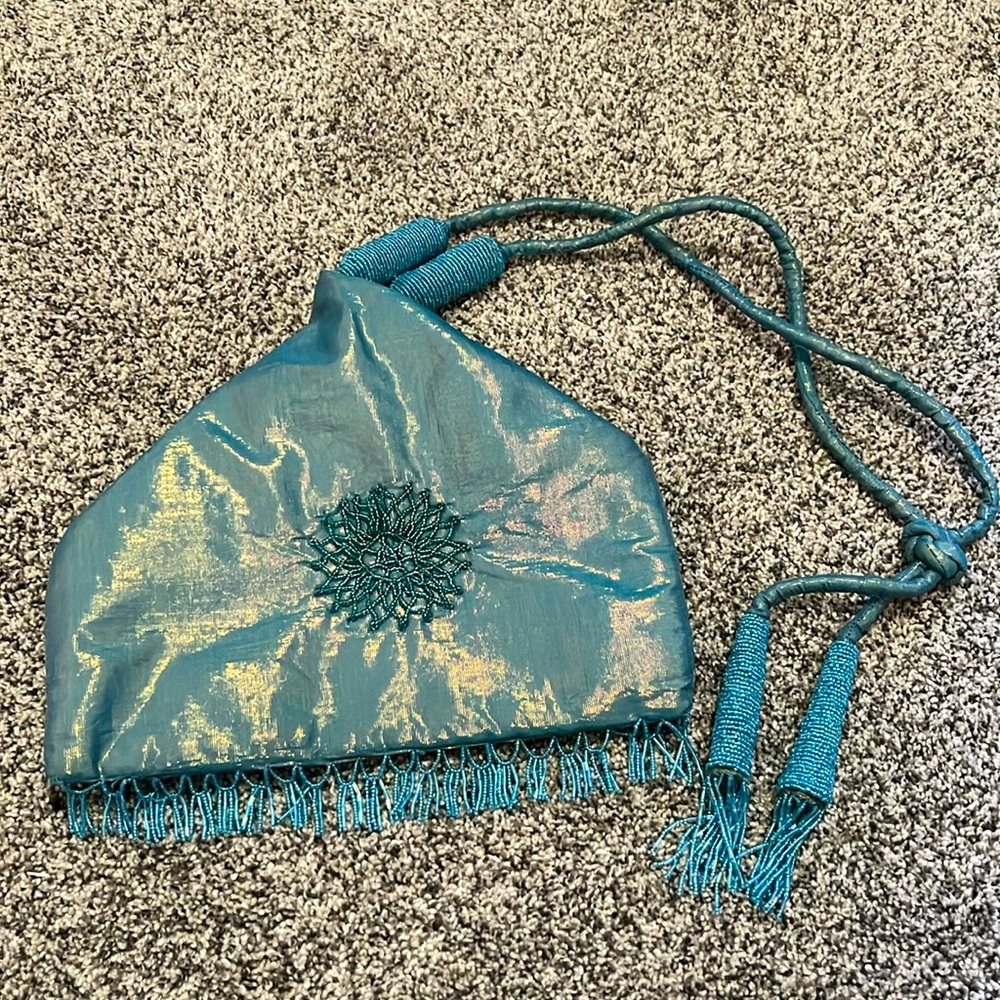 Sparkly Teal Fringed Purse with Adjustable straps